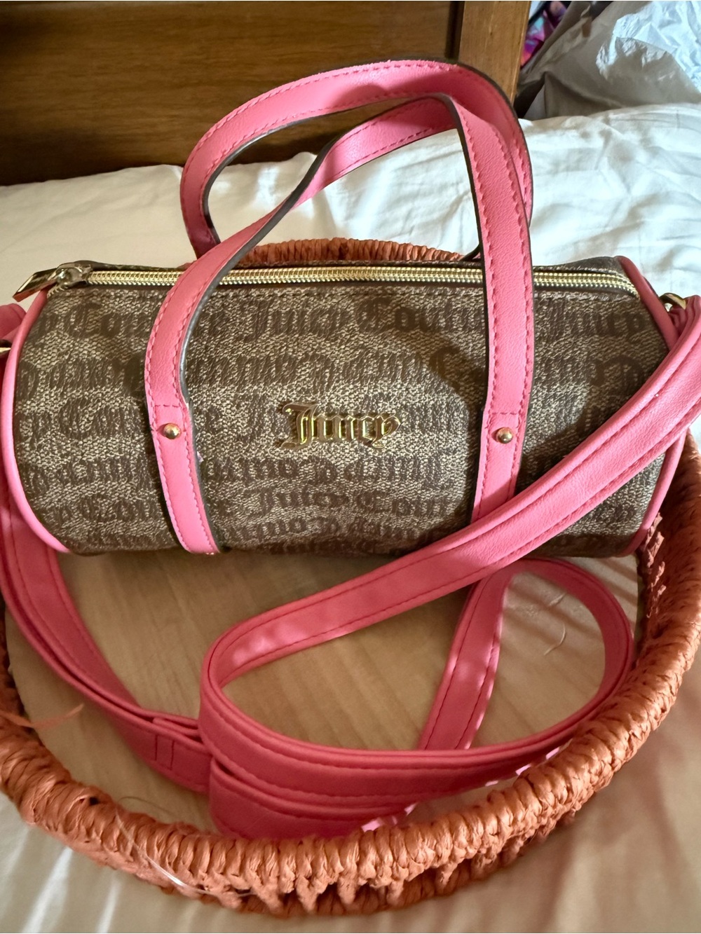 Juicy Couture Brown Monogram Barrel Bag with Pink Trim